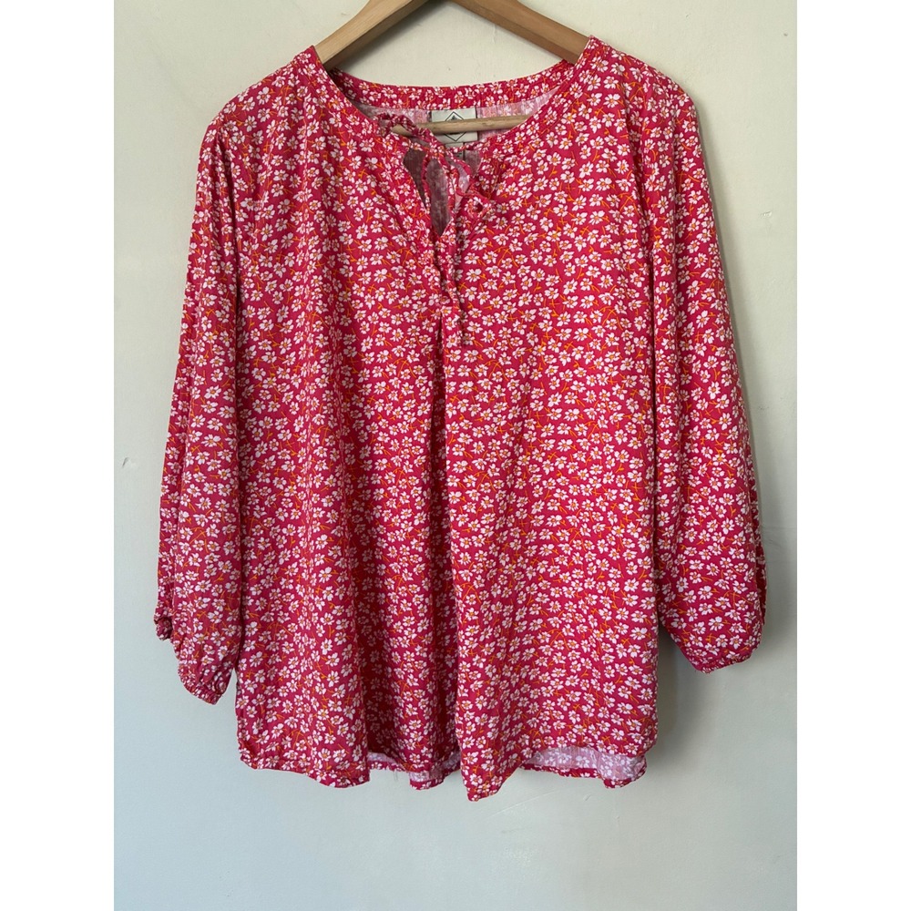 St. Johns Bay Pink Floral Ditsy Print Blouse Long Sleeve Tie Neck L Cottagecore